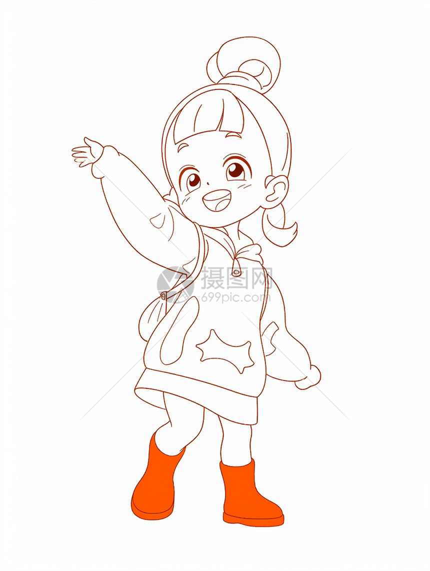 穿着红靴子的开心笑的可爱卡通女孩线稿图片