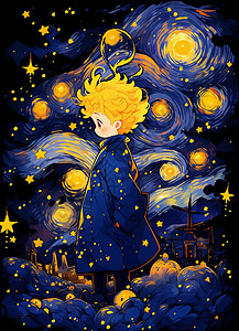 夜晚金发可爱的卡通男孩站在云朵上背景图片