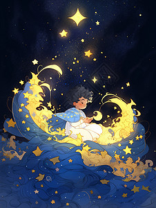 小王子坐在发光云朵上可爱的卡通小男孩插画