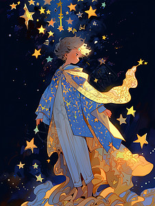 小王子站在梦幻夜空下的短发小清新卡通王子插画