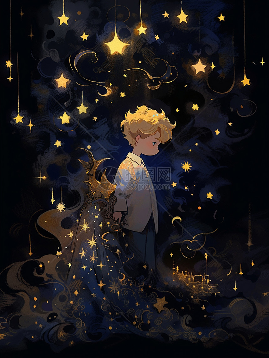 有很多星星的夜晚一个金发可爱的卡通小男孩图片
