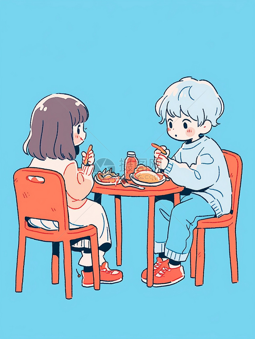 坐在餐桌旁认真吃饭的卡通男孩女孩图片