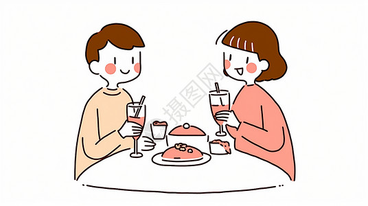 吃晚餐喝饮料开心笑的卡通情侣背景图片