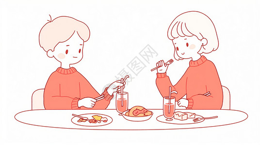 穿着粉色毛衣共进晚餐的卡通情侣背景图片