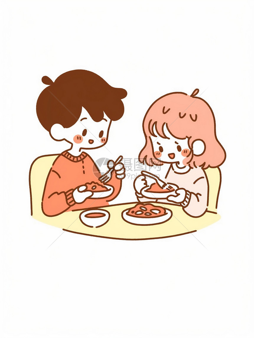 在黄色桌子上吃饭的卡通情侣图片