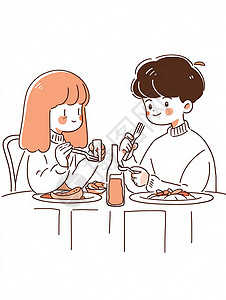 小清新卡通青年情侣在吃晚餐背景图片