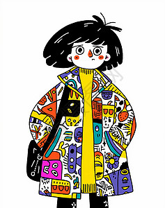 黑色短发穿着花外套的卡通小女孩背景图片