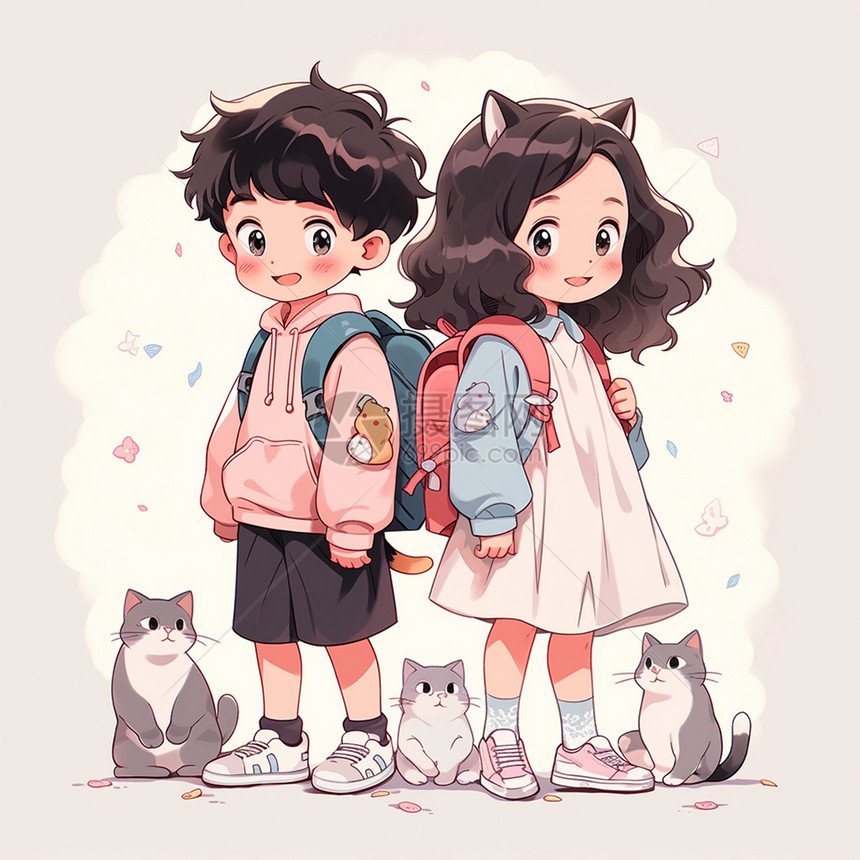 背着书包开心笑的卡通小男孩与小女孩站在宠物猫中间图片