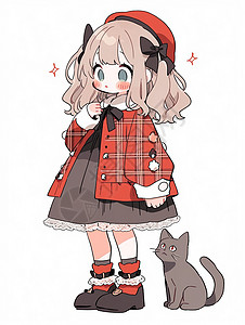 二次元小萝莉穿着红色格子衫的可爱卡通小萝莉与宠物猫插画