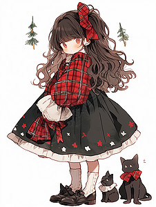 二次元小萝莉穿着格子蓬蓬裙的长发卡通小女孩与宠物猫插画
