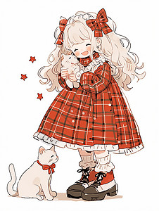 抱着宠物猫开心笑的金色长发卡通小女孩高清图片