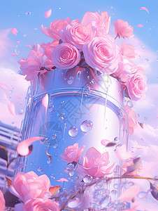 一桶水灵灵的粉色卡通玫瑰花背景图片