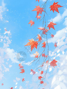红叶雪霜打过的卡通红叶与蓝蓝的天空插画