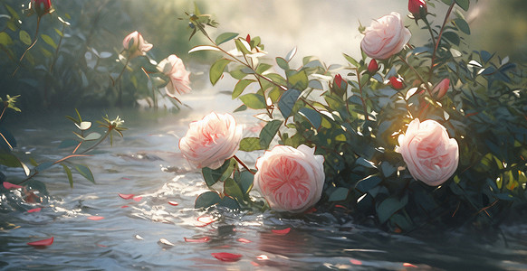 漂亮喷洒水在小河中漂亮美丽的粉色卡通玫瑰花插画