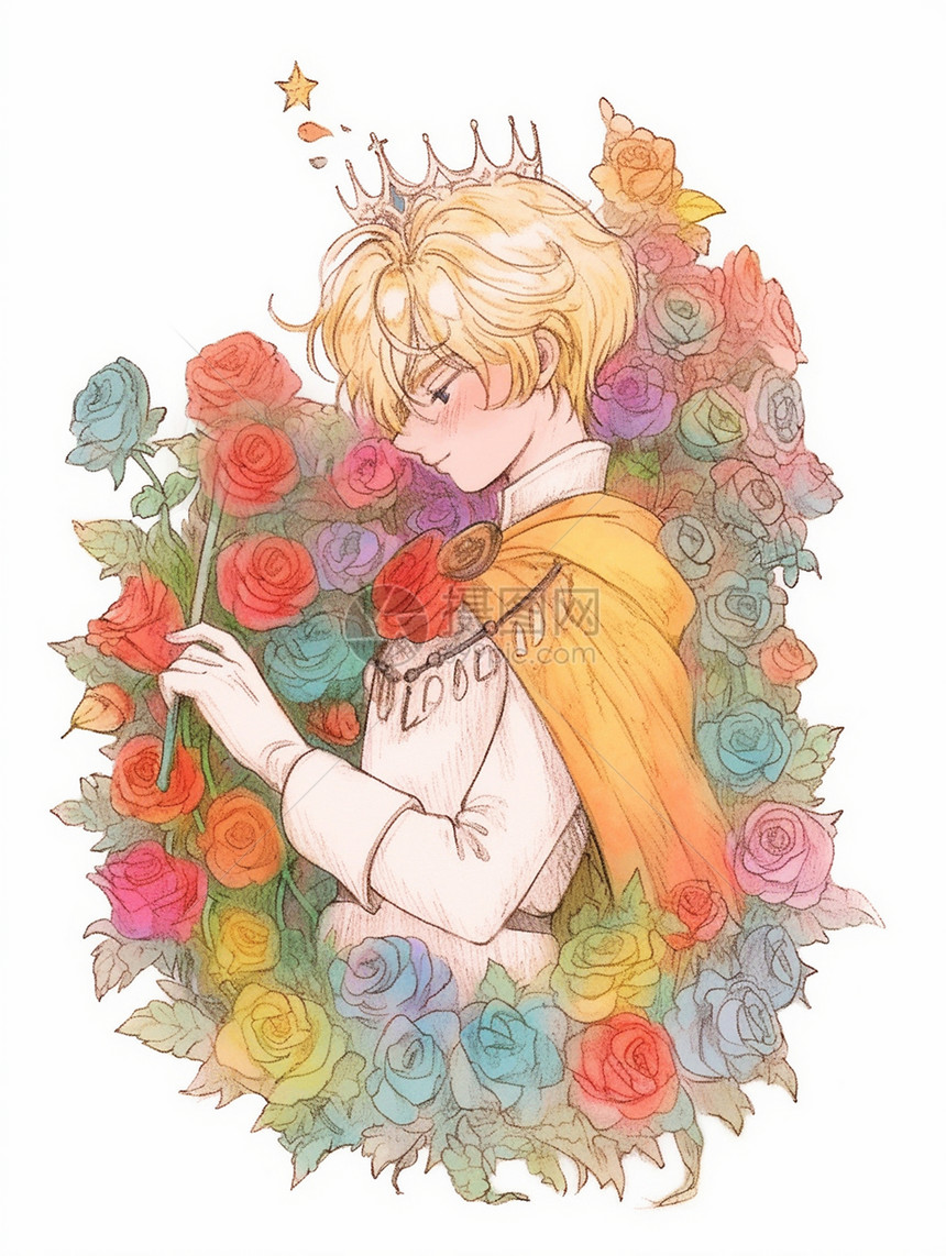 手拿玫瑰花面带微笑的卡通小王子图片