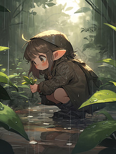蹲在雨中手拿植物的卡通小精灵背景图片