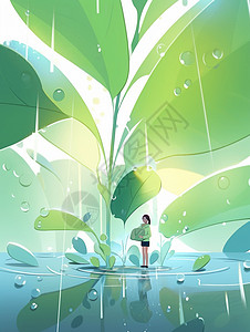叶子剪影雨中站在高大植物下的小小卡特人物剪影插画