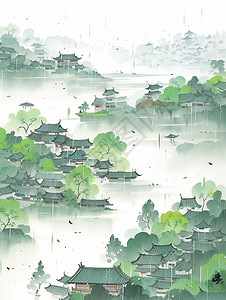 江南房子雨中春天美丽的古风卡通小村庄风景插画