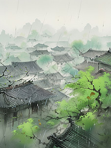 雨中唯美漂亮的古风卡通村庄高清图片