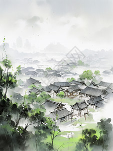 雨中唯美漂亮的水墨风景画卡通小村庄高清图片