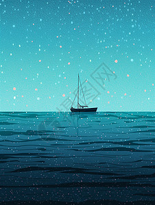 小小的船夜晚行驶在海面上的一艘小小的卡通船剪影插画