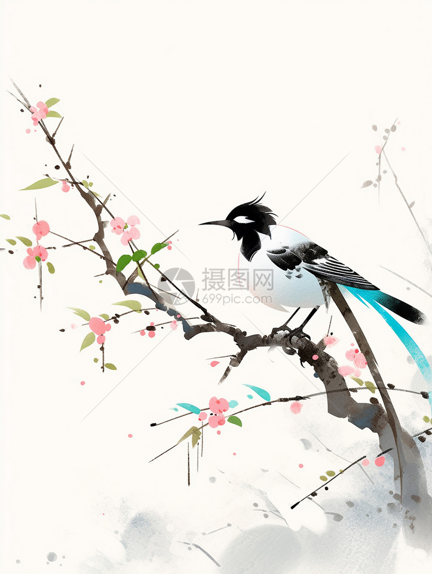 在开着小花的树枝上一只可爱的卡通小鸟图片
