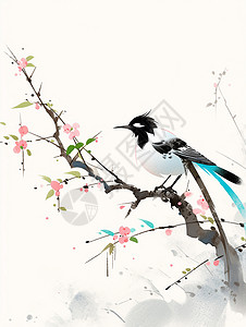 在开着小花的树枝上一只可爱的卡通小鸟背景图片
