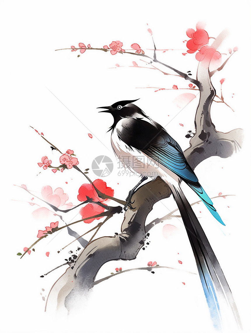 在开红色小花的树枝上一只可爱的卡通小鸟图片