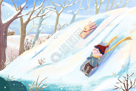哈尔滨冬天手绘清新冬日滑雪场景插画