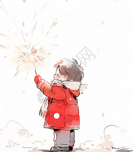 穿着红色外套正在手举着烟花开心放烟花的卡通小男孩背景图片