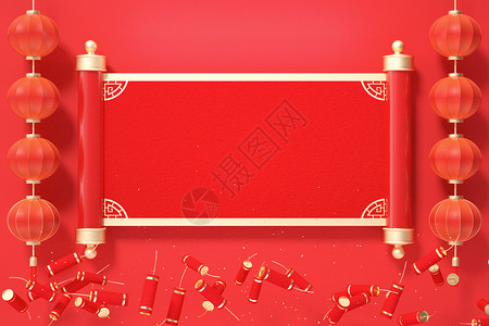 新年女性玩红鞭炮灯笼横幅背景设计图片