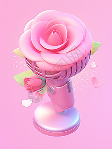 放在话筒上的粉色立体卡通玫瑰花背景图片