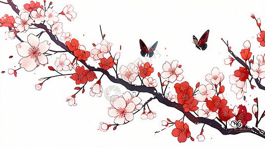 一株盛开的卡通梅花与飞舞的卡通蝴蝶背景图片