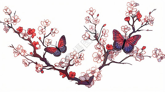 张开翅膀飞舞在桃花树旁的卡通蝴蝶背景图片