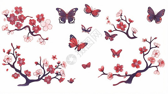 盛开的桃花枝与美丽蝶飞舞的蝴蝶卡通插画背景图片