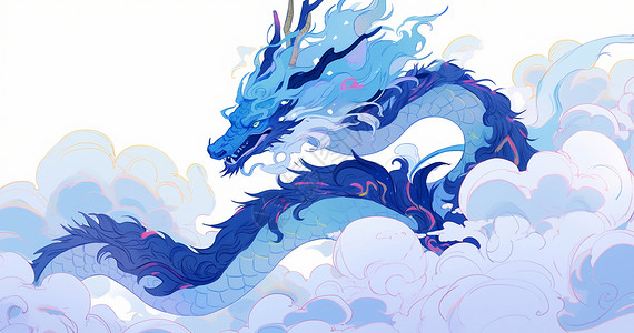 龙年蓝色精美中国风在祥云上飞舞的蓝色卡通龙插画