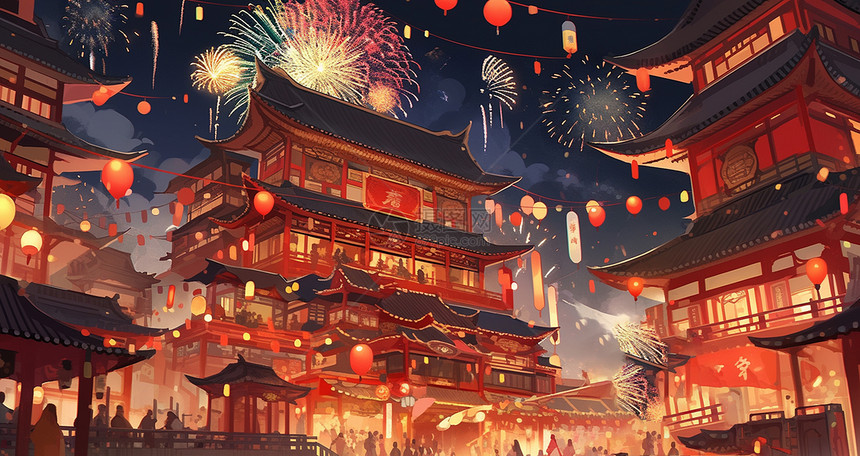 新春热闹喜庆的卡通古风城市放着很多漂亮的烟花图片