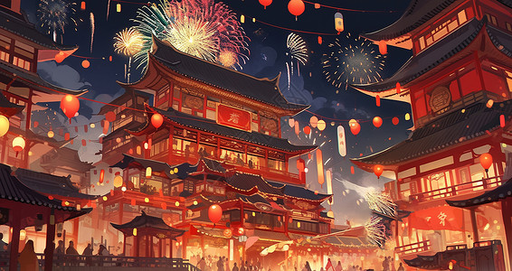 古风新年新春热闹喜庆的卡通古风城市放着很多漂亮的烟花插画