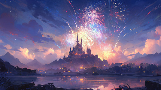 欧式城堡背景夜晚在远处山顶上一座欧式复古卡通城堡在迎新新年放烟花插画