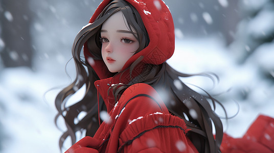 大雪中穿着时尚红色外套的卡通女孩背景图片