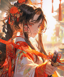 头戴着红色花朵手拿着武器的古风装扮卡通女孩背景图片
