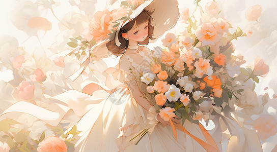 帽子和鲜花怀抱一大束鲜花戴着帽子穿着公主裙的卡通小女孩插画