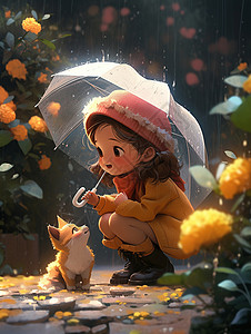 雨中撑着透明雨伞的卡通小女孩与路上可爱的卡通小猫对视插画