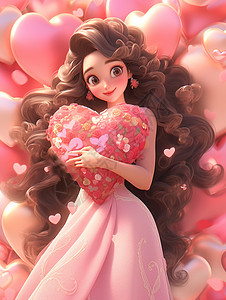 抱着爱心的女孩穿着粉色长裙抱着爱心微笑的长卷发漂亮卡通女人插画