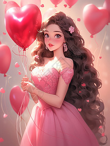 拿着红色爱心气球穿着漂亮裙子的长卷发卡通女孩高清图片