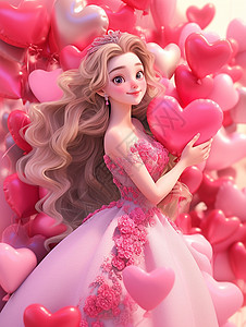 穿着粉色裙子抱着红色微笑的卡通公主高清图片