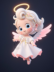 3D翅膀素材有粉色翅膀飞在天空中可爱的卡通天使女孩插画