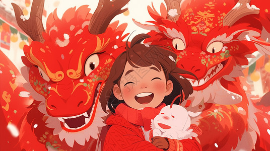 抱着玩具开心笑的卡通小女孩与两条红色卡通龙一起过新年背景图片