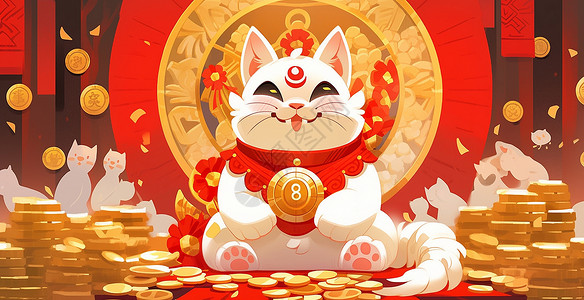 眼睛笑的迷成一条缝的卡通招财猫坐在金币堆中背景图片