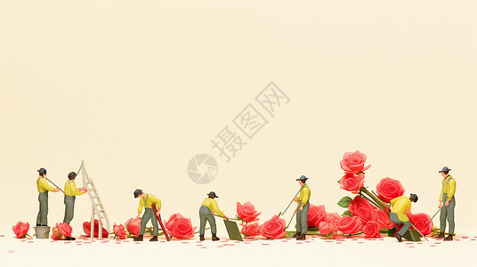 在精心照顾红色玫瑰花的卡通工人们背景图片
